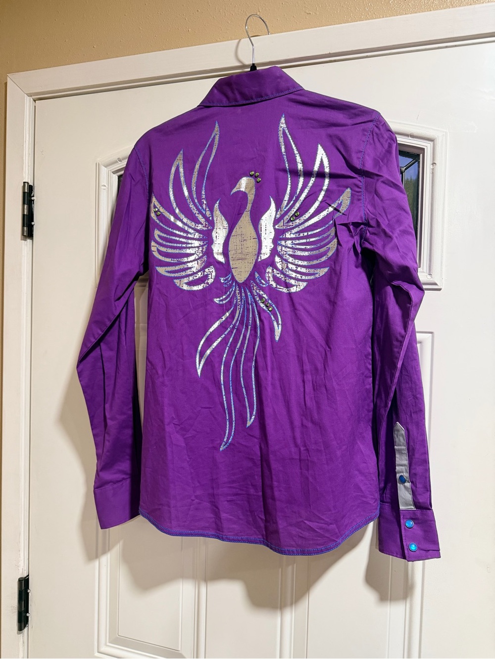 Women’s Long-Sleeve button down Shirt with Silver Phoenix Back Graphic